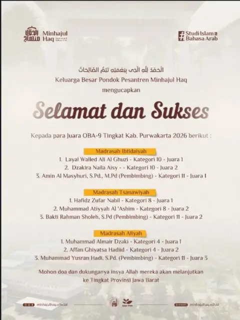 Minhajul Haq sukses memborong gelar juara dalam ajang bergengsi Olimpiade Bahasa Arab (OBA) ke-9